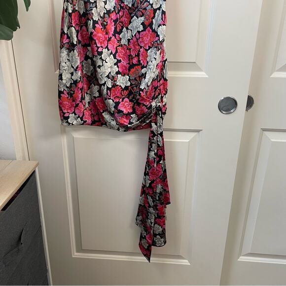 Cinq a Sept Black Floral 100% Silk Mini Slip Dress w/ Side Tie - Picture 3 of 16